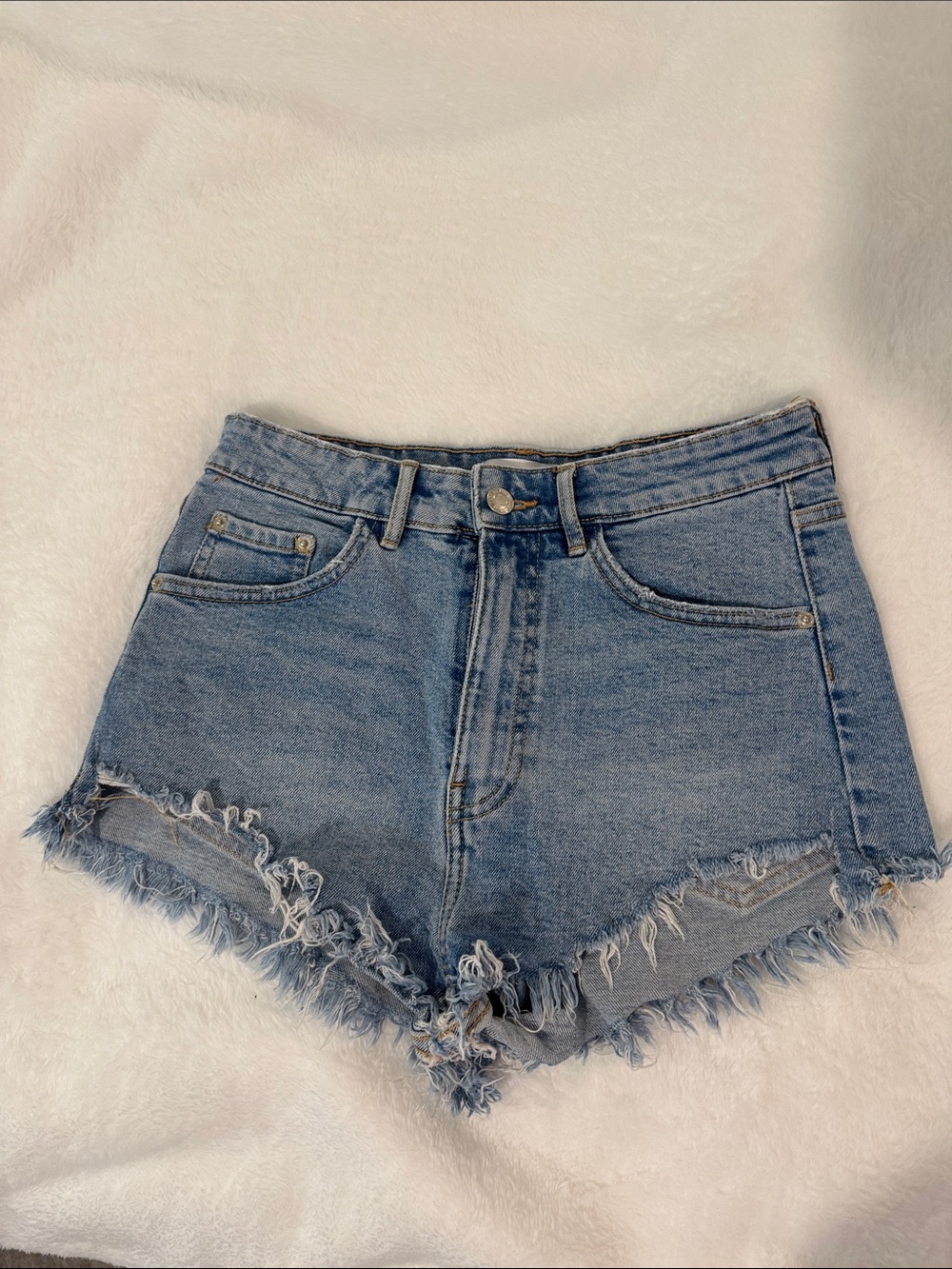 Zara Light Blue Frayed Hem Denim Shorts